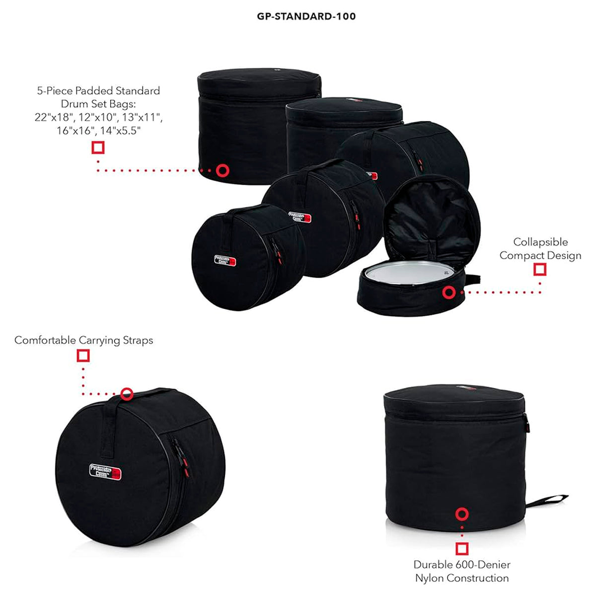 et Funda Gator GP‑STANDARD‑100 para Batería 5 Piezas – Nylon 600D Acolchado + Envío Gratis