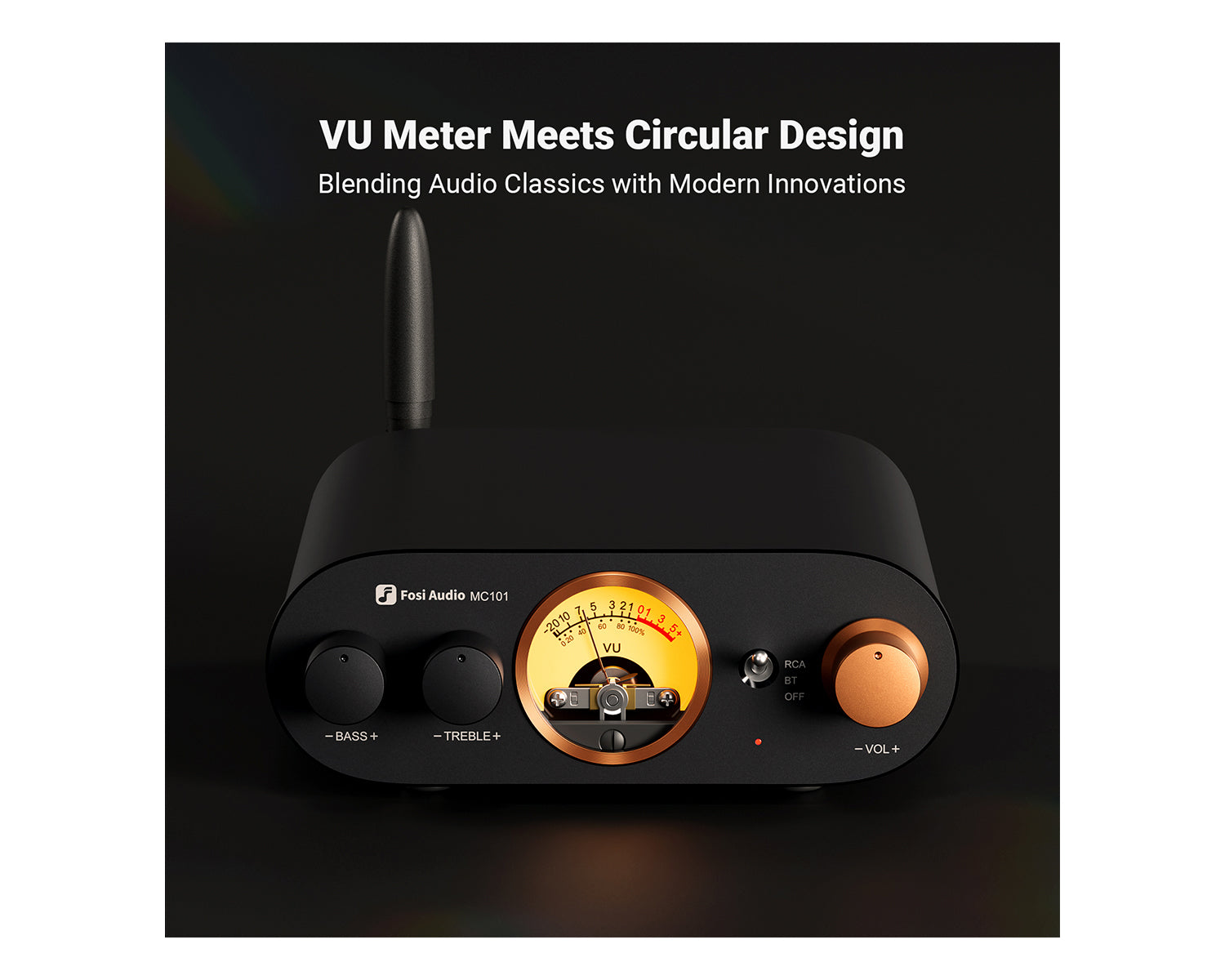 Amplificador Estéreo Bluetooth Fosi Audio MC101 Receptor HiFi 2 Canales con Medidor VU