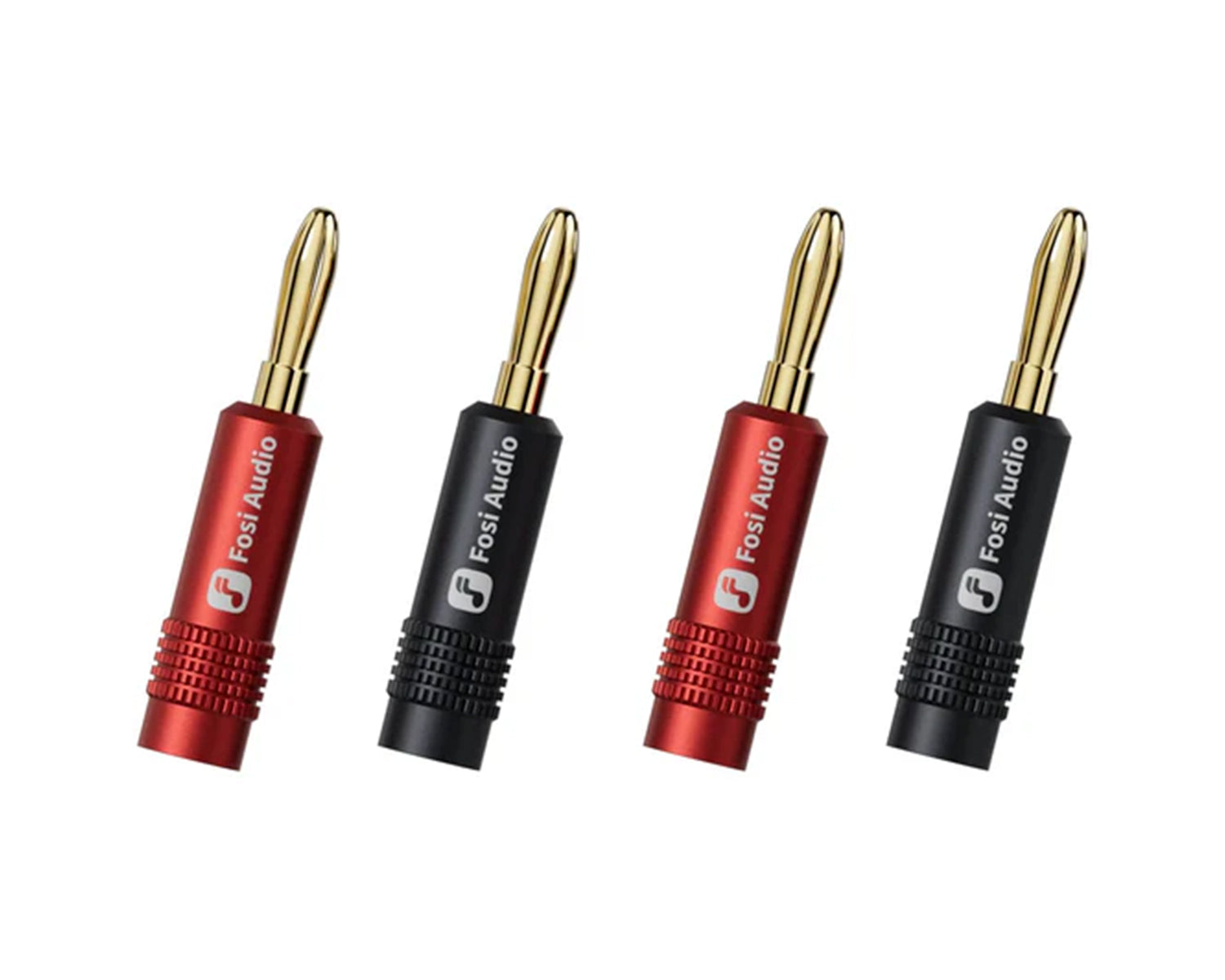 Plugs Banana Fosi Audio Chapados en Oro con Logo Impreso (2 Pares / 4 Piezas)