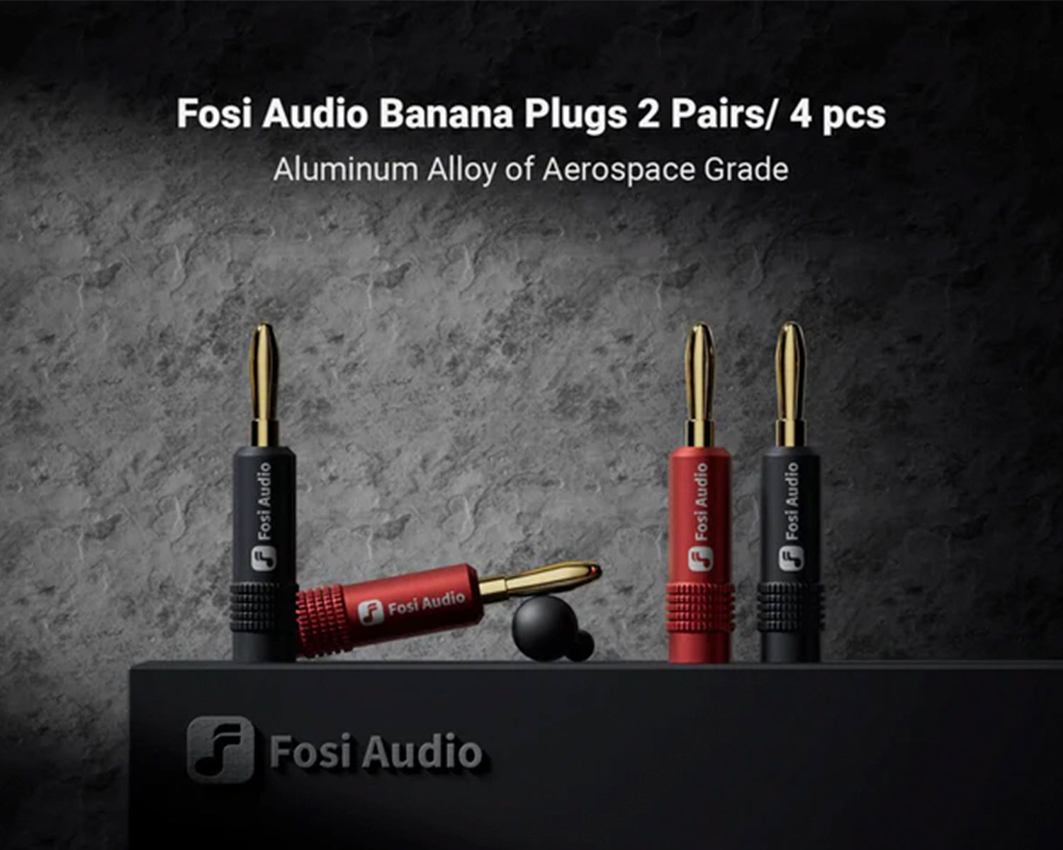 Plugs Banana Fosi Audio Chapados en Oro con Logo Impreso (2 Pares / 4 Piezas)
