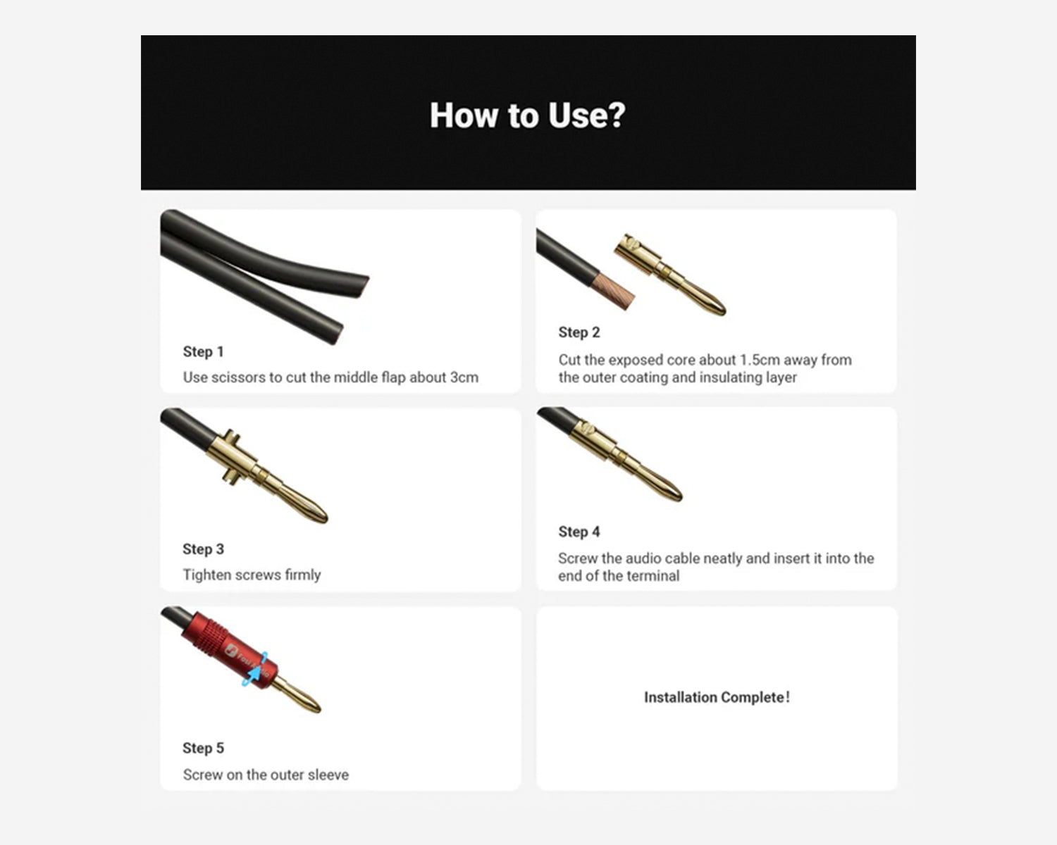Plugs Banana Fosi Audio Chapados en Oro con Logo Impreso (2 Pares / 4 Piezas)