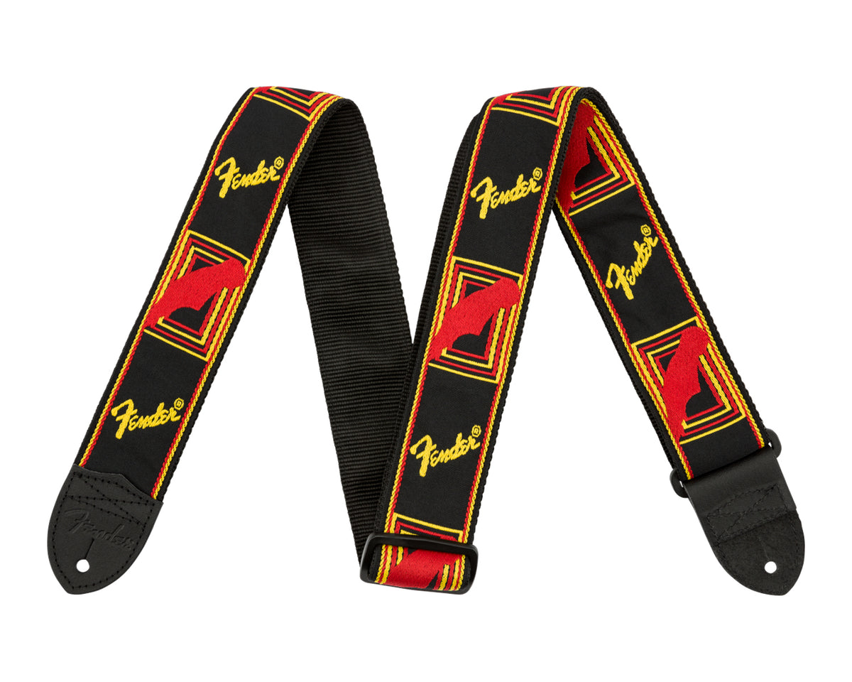 Tahalí para guitarra y bajo Fender Monogrammed Negro Rojo amarillo de 2 pulgadas